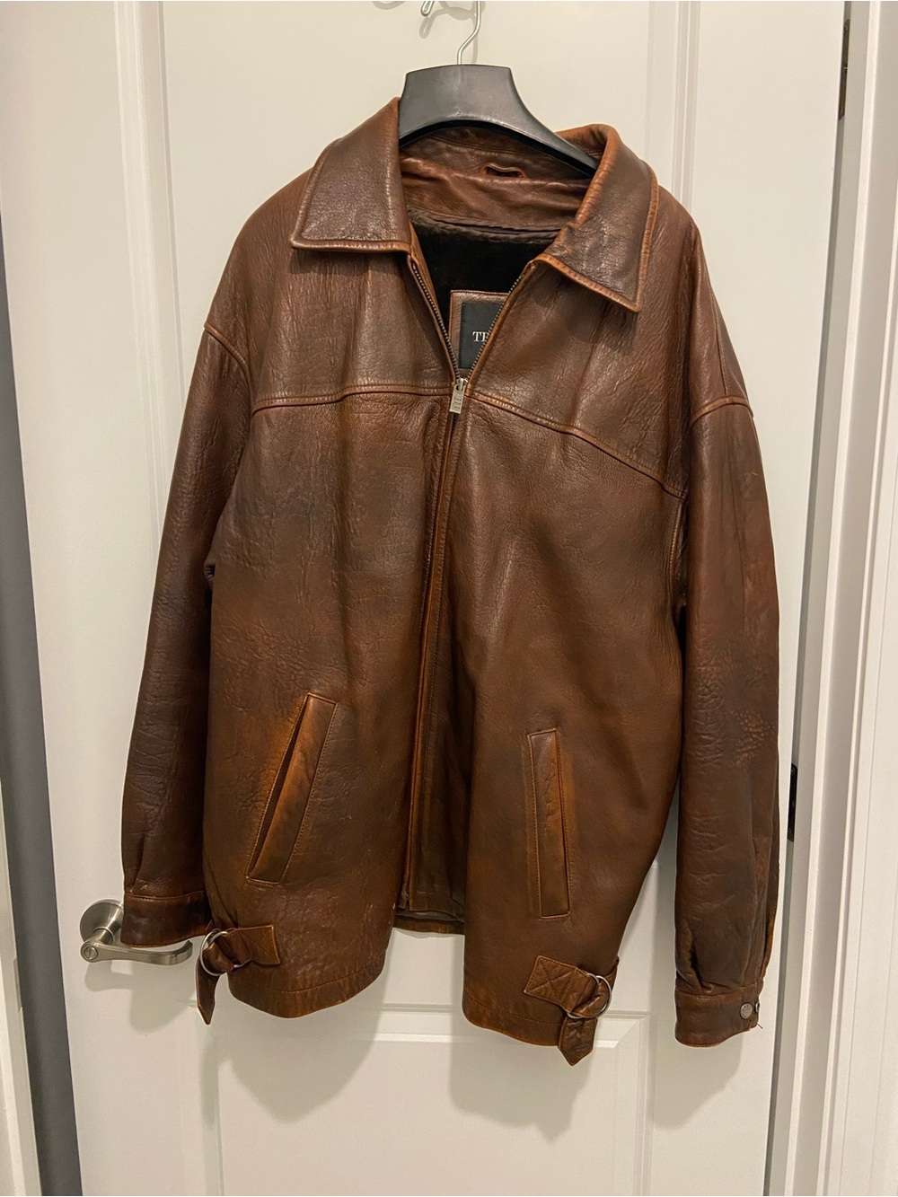 Men's Brown Leather Bomber Jacket with Buckle Hem